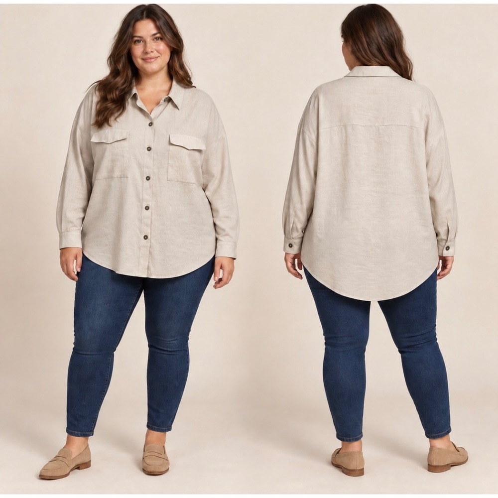 ASOS Design Curve Linen Blend Utility Shirt Beige Plus Size 14 Oversized
